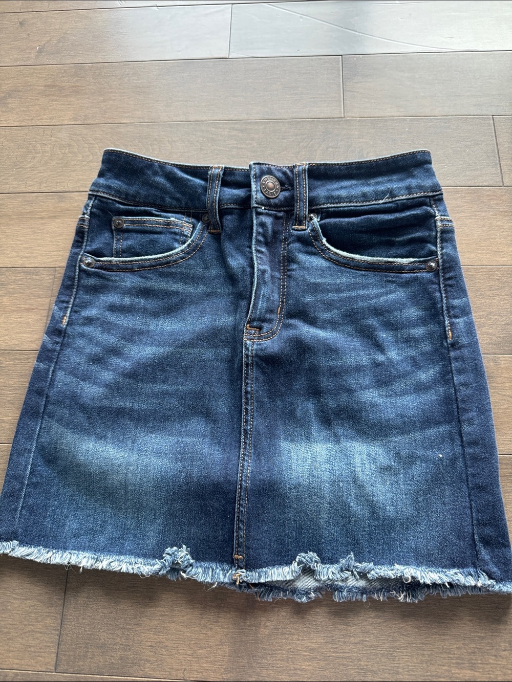 American Eagle Outfitters Dark Blue Denim Mini Skirt with Frayed Hem